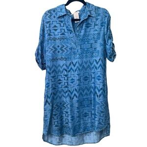 Philosophy Women’s M Aztec Tribal Southwest Blue Midi Denim Shirt Dress Pockets